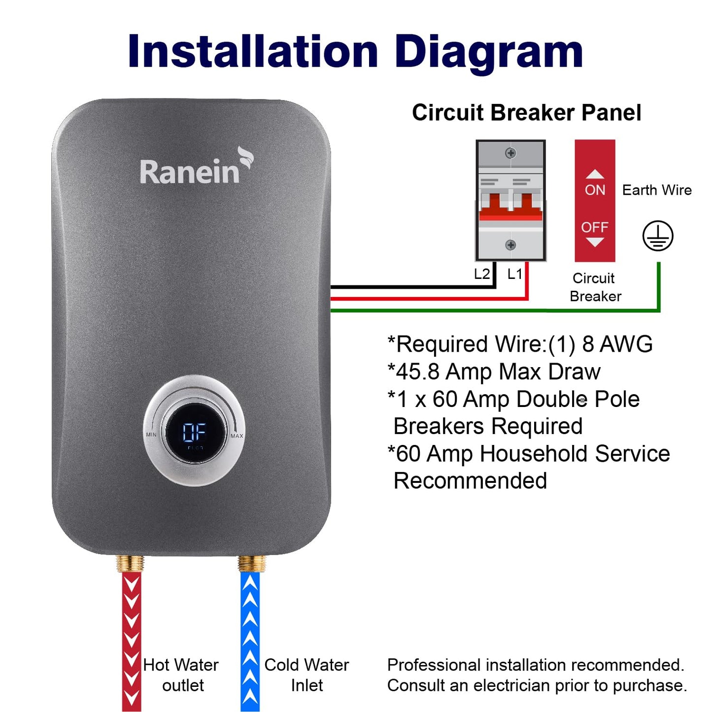 Ranein 11kW Tankless Electric Water Heater, 240V on Demand Instant Endless Water Heater with LED Temperature Display for Bathroom and Kitchen sink