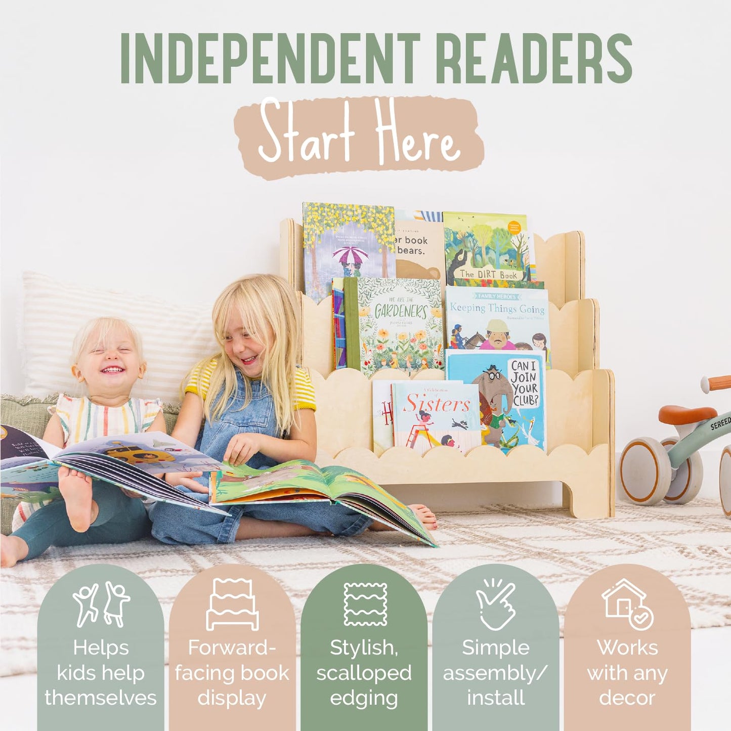 Fable Twig Wooden Kids Bookshelf w/Scalloped Edges- Made in USA- Perfect Height 3-Tier Montessori Shelf- Durable Childrens Bookcase for Kids Room or Playroom- Baby Book Shelf Nursery