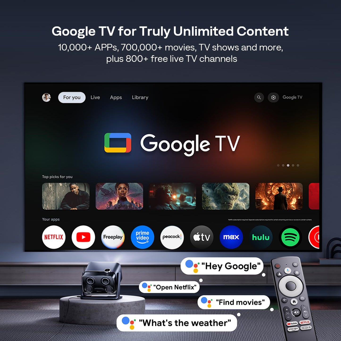Aurzen BOOM mini Google TV Smart Projector with WiFi and Bluetooth, Voice Control, Family Mode, 20W Dolby Audio, Real-Time Focus,4K Supported Movie Projector for Bedroom/Home/Outdoor Live Sports,Black