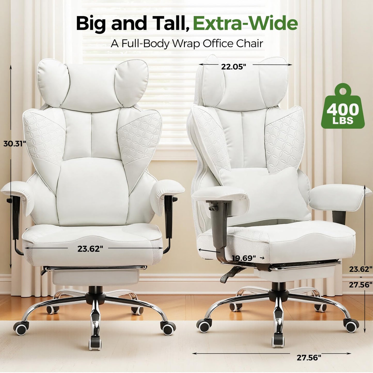 GTPOFFICE Big and Tall Office Chair 400LBS Wide Seat Computer Gaming Chair with Footrest & Comfy Lumbar Support, Leather High Back Executive Chair with Ergonomic Pressure Relief Seat Cushion, White