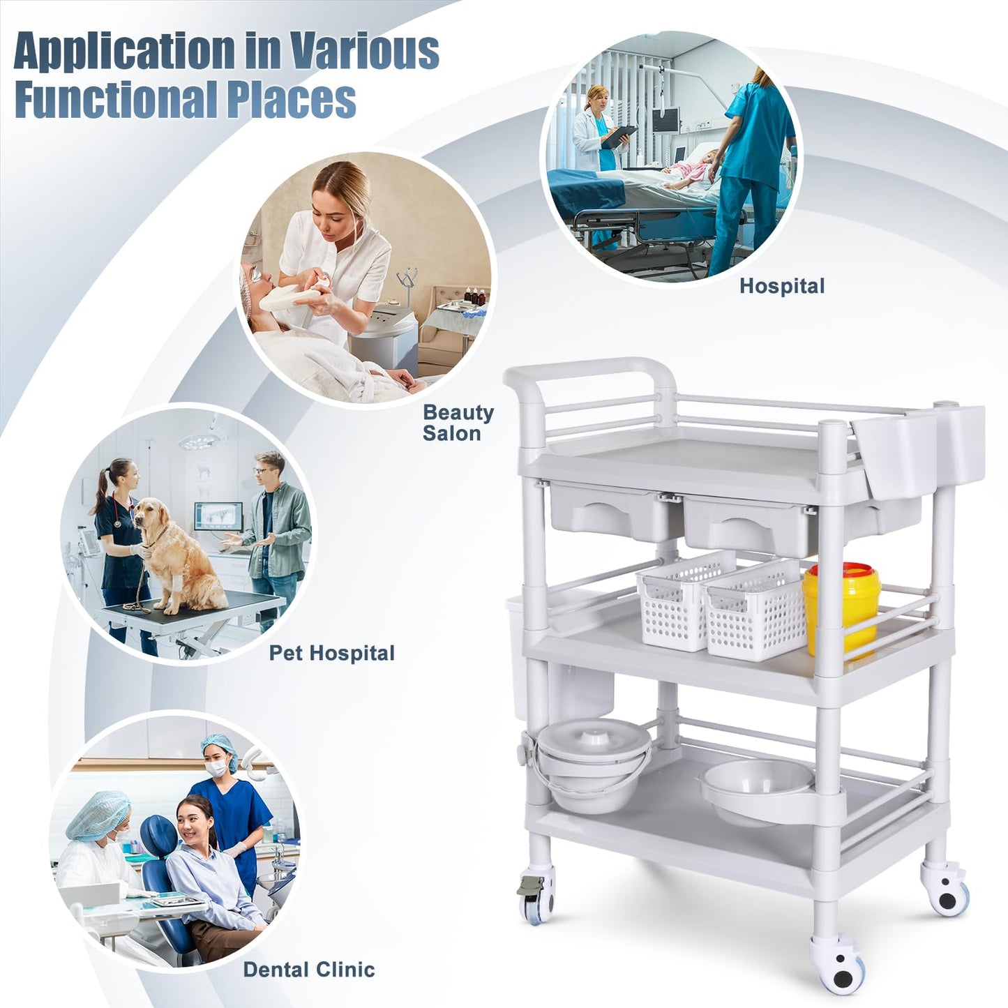 Mobile Medical Carts 3 Tier Professional Utility Cart 330 LBS Max Load Rolling Crash Cart Ultrasound Trolley with Wheels Drawers Dirt Bucket Sharps Box Storage Basket for Hospital Dental Clinic Home