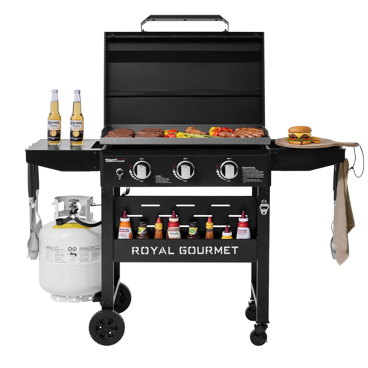 Royal Gourmet GB3000PB 3-Burner Gas Griddle with Hood, Griddle with Collapsible Side Shelves, 39,000 BTU, 492 Sq. In. Cooking Area, Electronic Ignition, Swivel Wheels with Brakes, Black