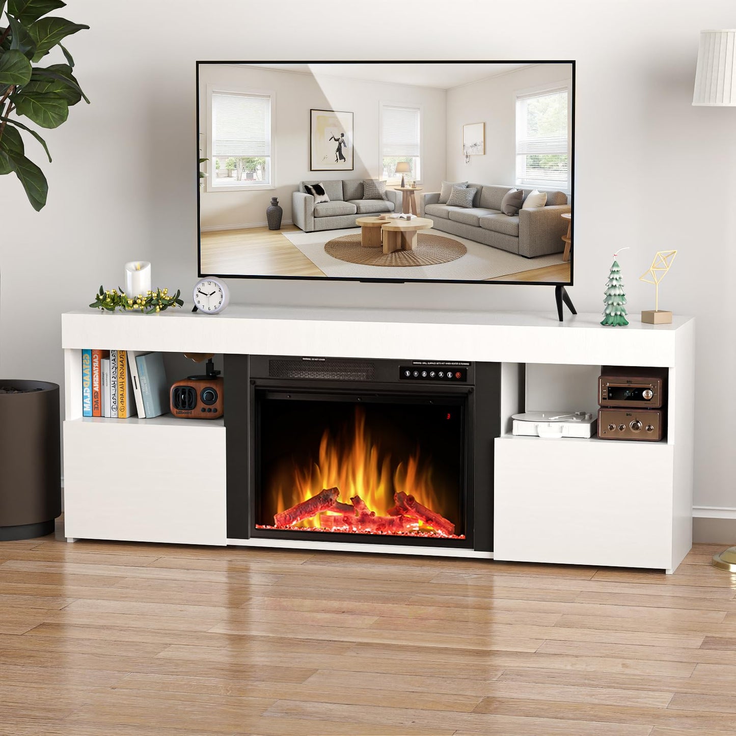 Electactic 59" Electric Fireplace TV Stand with Mantel, Storage Cabinet, Remote Control for LED Flame & Heater, for Living Room & Bedroom White