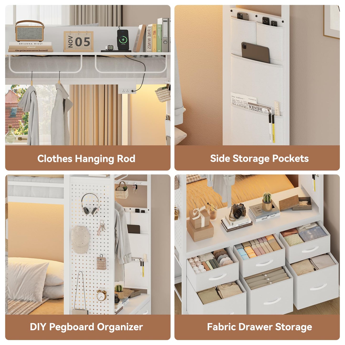 Bunk Bed Twin Over Twin with 9 Drawers & Hanging Rod, Low Loft Metal Bed with Charging Station & LED Lights, Sturdy Bed Frame with Pegboard & Storage, No Box Spring Needed, for Bedroom, White