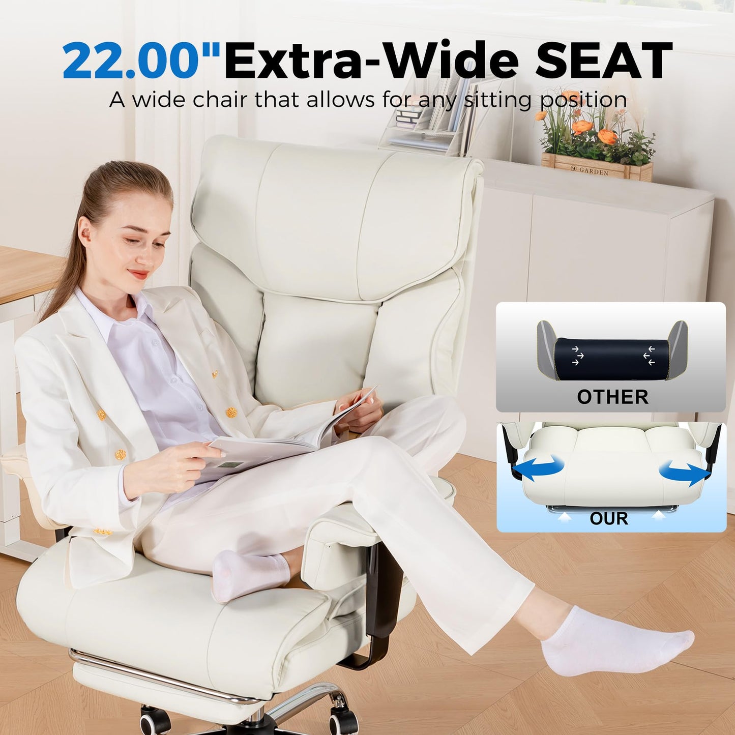 GTPLAYER Big and Tall Gaming Chair 400lbs Heavy Duty Office Chair with Foot Rest & Ergonomic Pocket Spring Cushion, High Back Lumbar Support for Lower Back Pain Relief, Beige