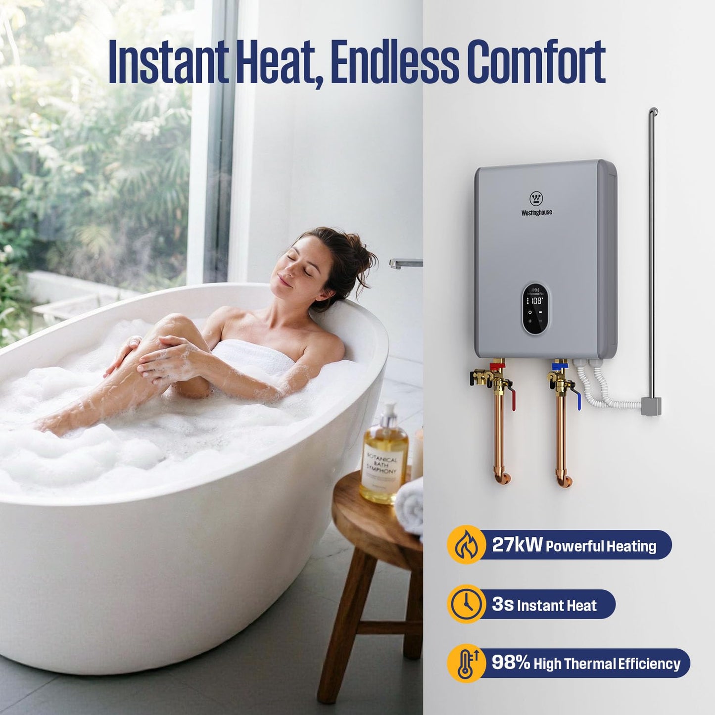 Westinghouse 27kW Electric Tankless Whole House Water Heater, 6.3 GPM Instant Hot Water on Demand, 240V, WIFI & Self Modulating High Efficiency, Copper Heating, LED Display, ETL Certified