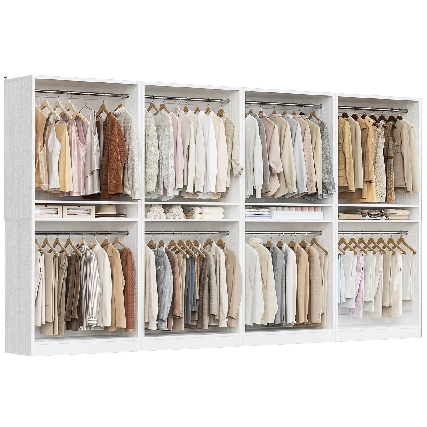 Unikito 12FT Modular Closet System with 8 Hanging Rods, 2800LBs Wood Garment Rack, 4-Pieces Ultra-Wide Walk-in Closet Organizer, Freestanding Clothing Shelves, White