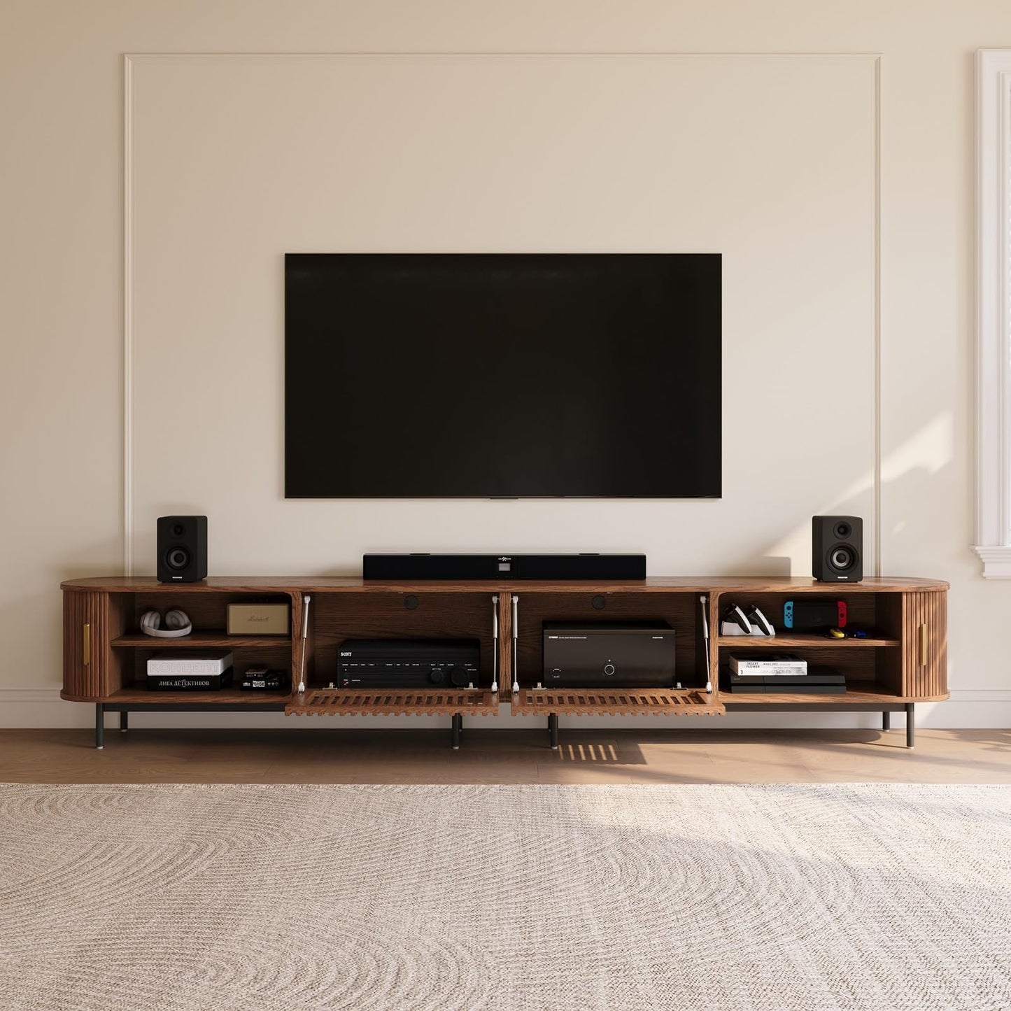 POVISON Fully-Assembled Sliding Tambour Door TV Stand, Mid Century Modern TV Console, Wood Media Console, Entertainment Center with Storage Cabinet (Walnut, 118.11")