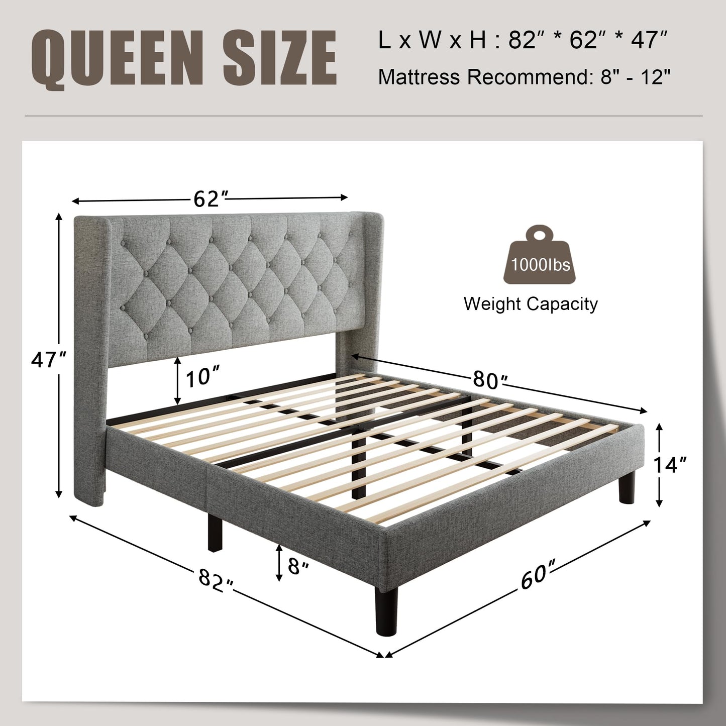 Einhomn Queen Size Platform Bed Frame with Fabric Upholstered Wingback Headboard, 9" Under Bed Space, Wooden & Metal Slats Support, No Box Spring Needed, Light Gray