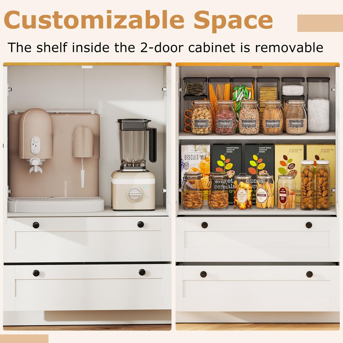 LOKO 47.5” Tall Buffet Cabinet with Storage, Modern Storage Cabinet with 3 Doors & 2 Large Drawers, Farmhouse Kitchen Pantry with Removable Shelf for Dining Room, Living Room, Home Bar