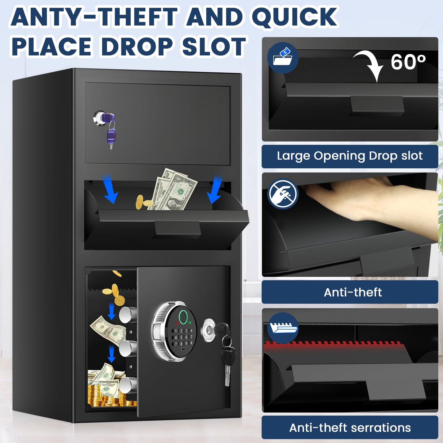 5.8 Cuft Biometric Depository Drop Safe for Business, Heavy Duty Fingerprint Safe Box with Quick Place Drop Slot, Digital Keypad and Spare Key, Drop Safes for Business Retail Mail Church