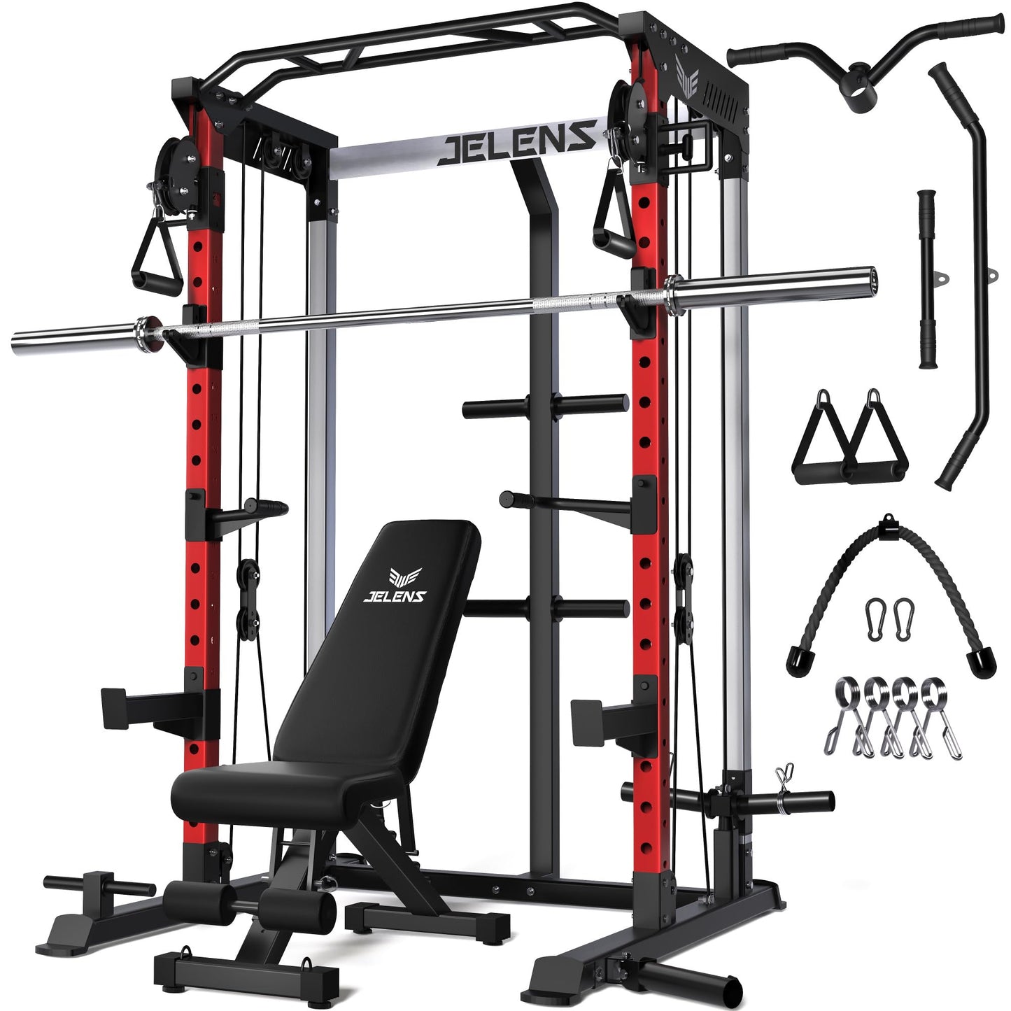 JELENS C21 Power Cage, 2000LBS Multi-Function Power Rack with Independent Dual Pulley System, All-in-One Squat Rack for Cable Crossover, Home Gym Workout Machine (Red, Home Gym Package)