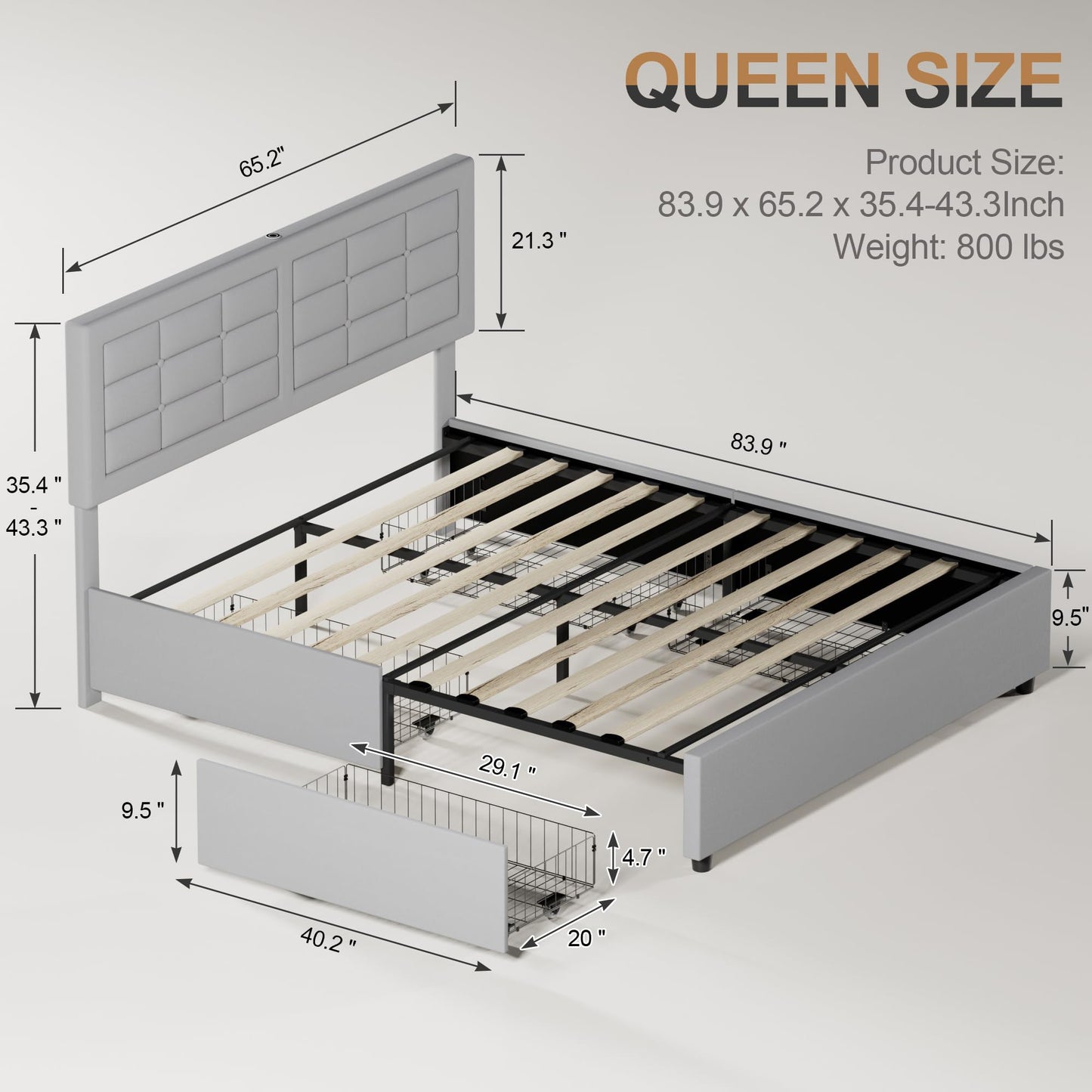 VECELO Queen Size Bed Frame with 4 Storage Drawers & Adjustable Headboard, Built-in Charging Station, Upholstered Bedframe with Wood Slats Support, Light Grey