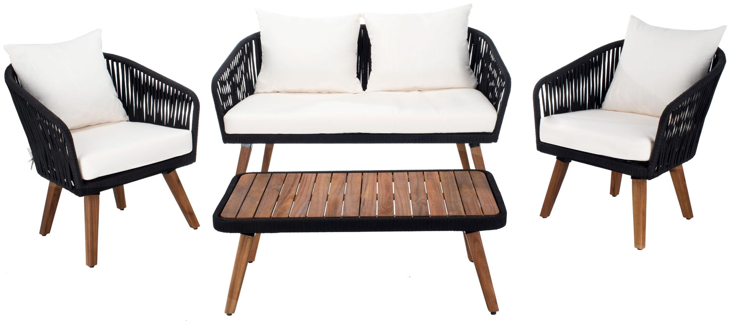 SAFAVIEH Outdoor Collection Ransin Black/Beige/Natural Solid Wood 4-Piece Conversation Patio Set