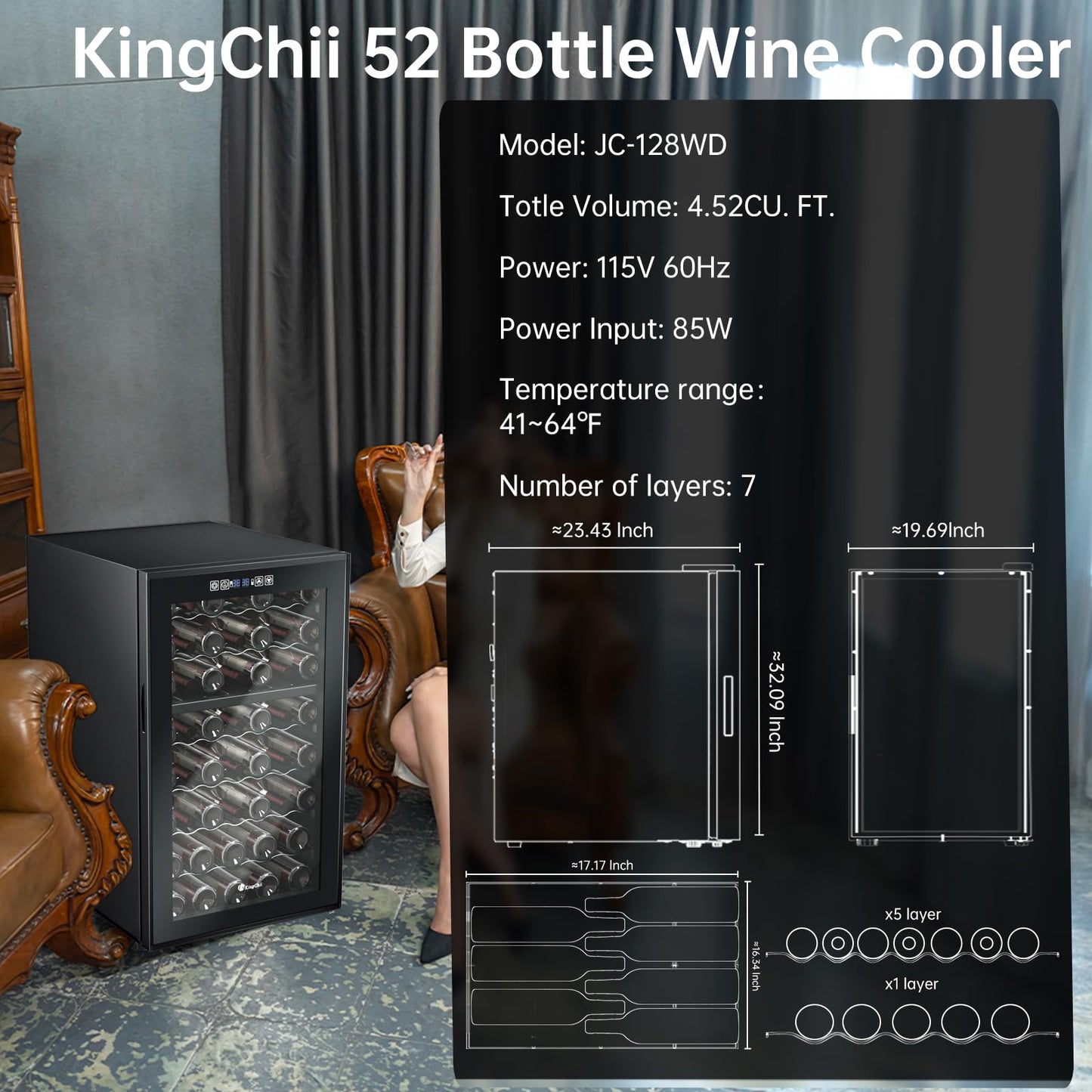 KingChii 52 Bottle Wine Cooler Refrigerator - Dual Zone Wine Fridge with Intelligent Digital Control, Low Noise Operation, Freestanding Wine Refrigerator for Home and Kitchen, Black
