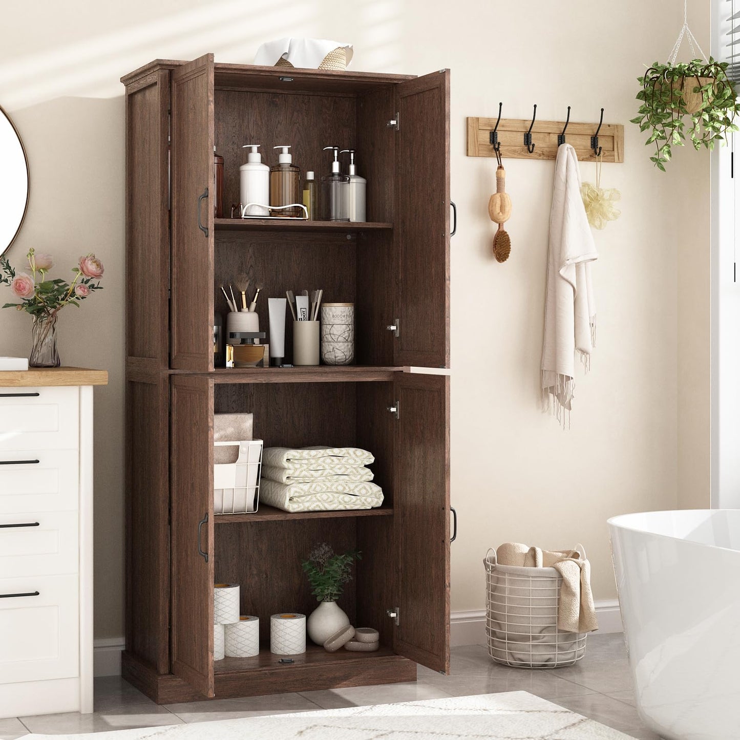 Tradare 71'' Tall Pantry Cabinet, Farmhouse Kitchen Pantry Storage Cabinet with Barn Door and Adjustable Shelves, Rustic Wood Freestanding Cupboard Storage Organizer for Kitchen, Dining Room, Brown