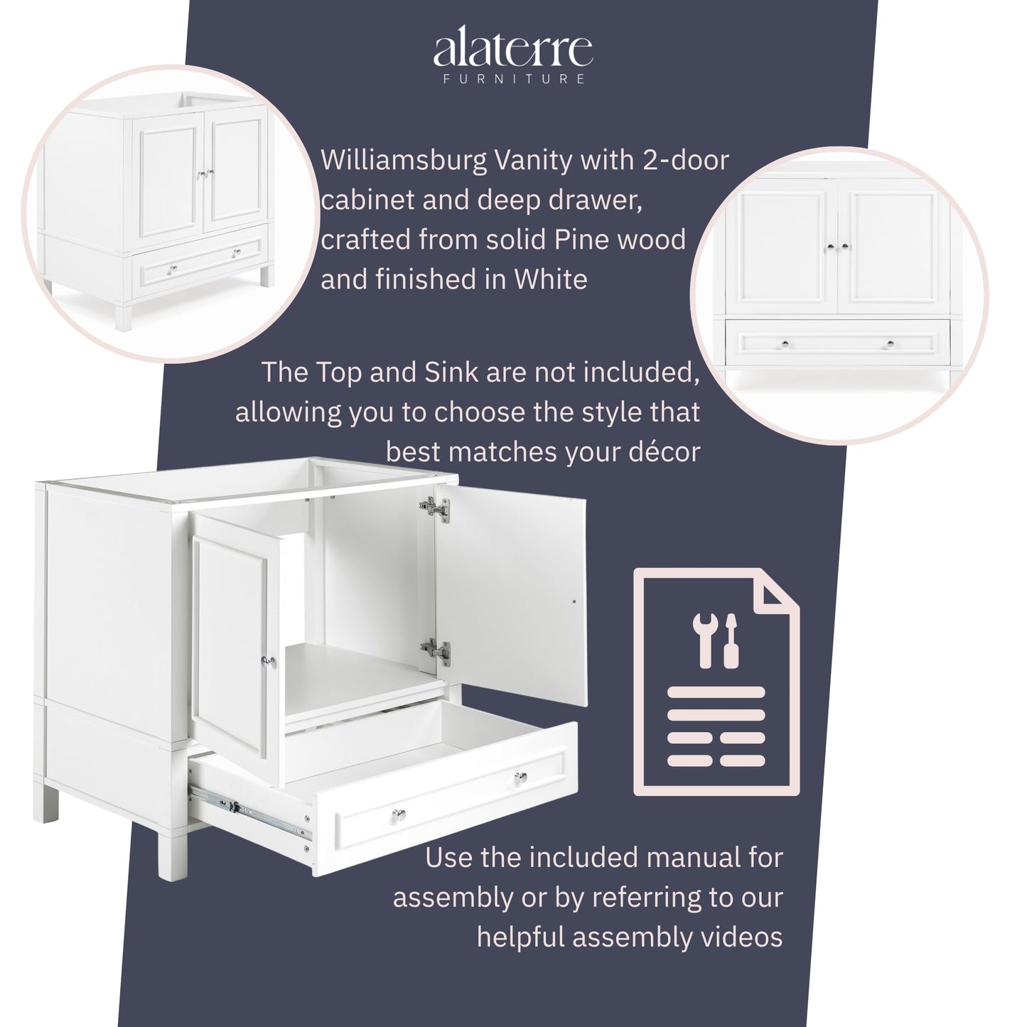 Alaterre Furniture Williamsburg 36 Inch Bathroom Vanity - Freestanding Cabinet Without Sink - Large Wood Vanity with Soft-Close Doors (White)