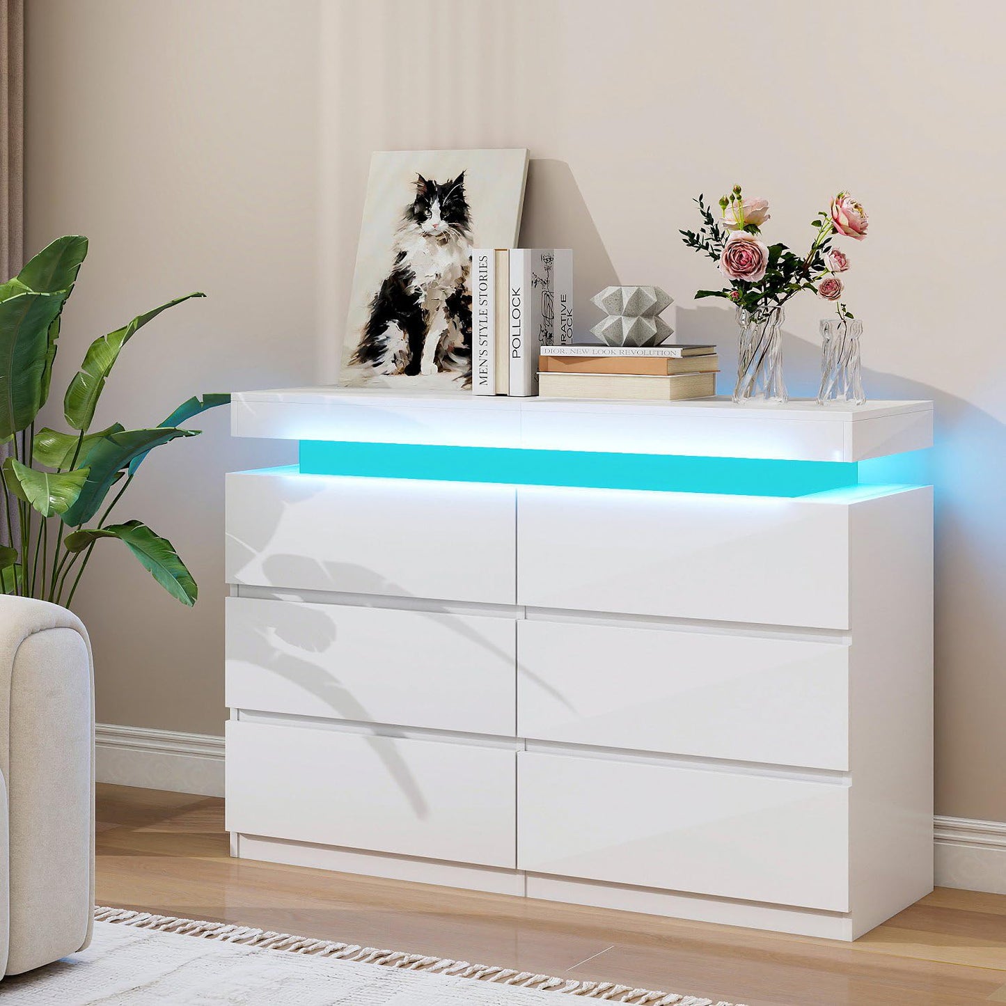 Vipbear White Dresser 6 Drawer for Bedroom with Sliding Top Modern LED Lights Double Dresser Wide Chest of Deep Drawers with Charging Station Storage Wood Cabinet for Closet,Entryway,Hallway