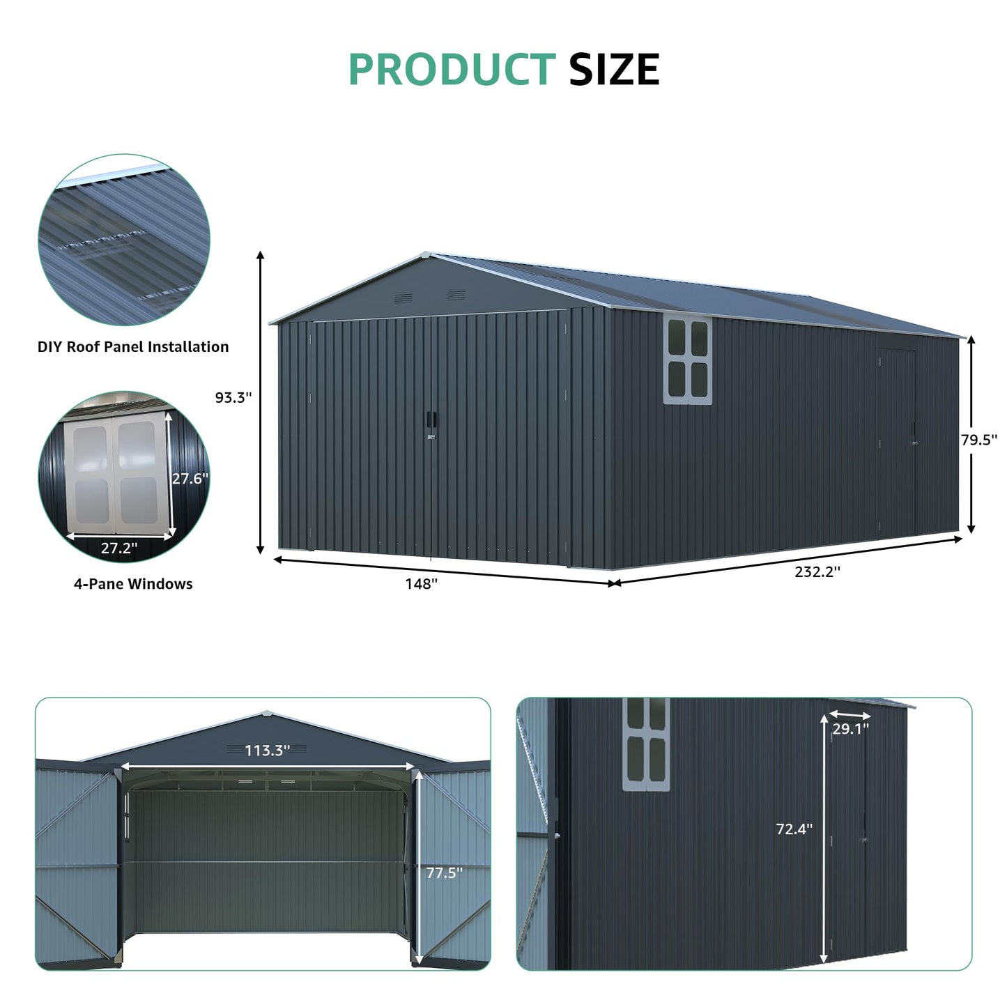 LANTRO JS Large Storage Shed 13x20ft, Outdoor Metal Garage Shed with 2 Doors and 2 Windows, Heavy Duty, Black