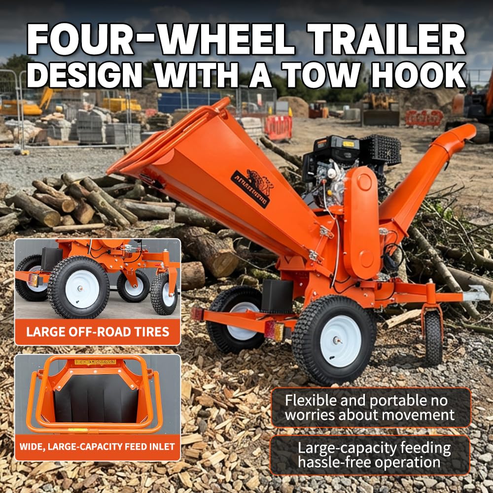 18HP 6 Inch 420cc Gas Powered Wood Chipper Shredder Mulcher, 4-Wheels Towable Wood Chipper Leaf & Branch Shredder with Towbar, Emergency Stop Button, Max Chipping Capacity for Wood Pellets (orange)