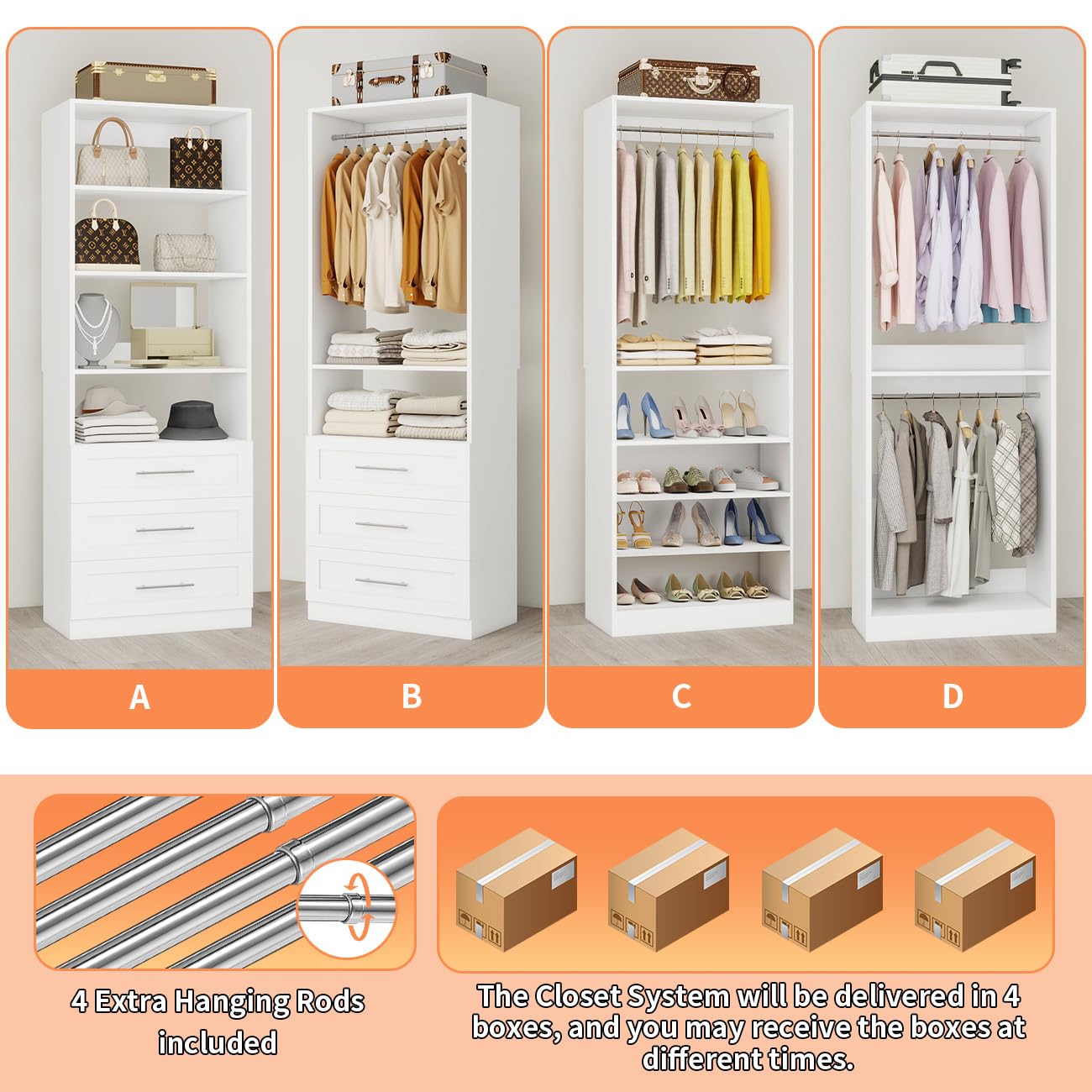 Closet System with 4 Sets, 8–21 FT Closet System with 6 Drawers, 9 Shelves & 8 Hanging Rods, Heavy Duty Closet Organizer System for Walk in Closets, Modular Custom Wood Closet Kit, White