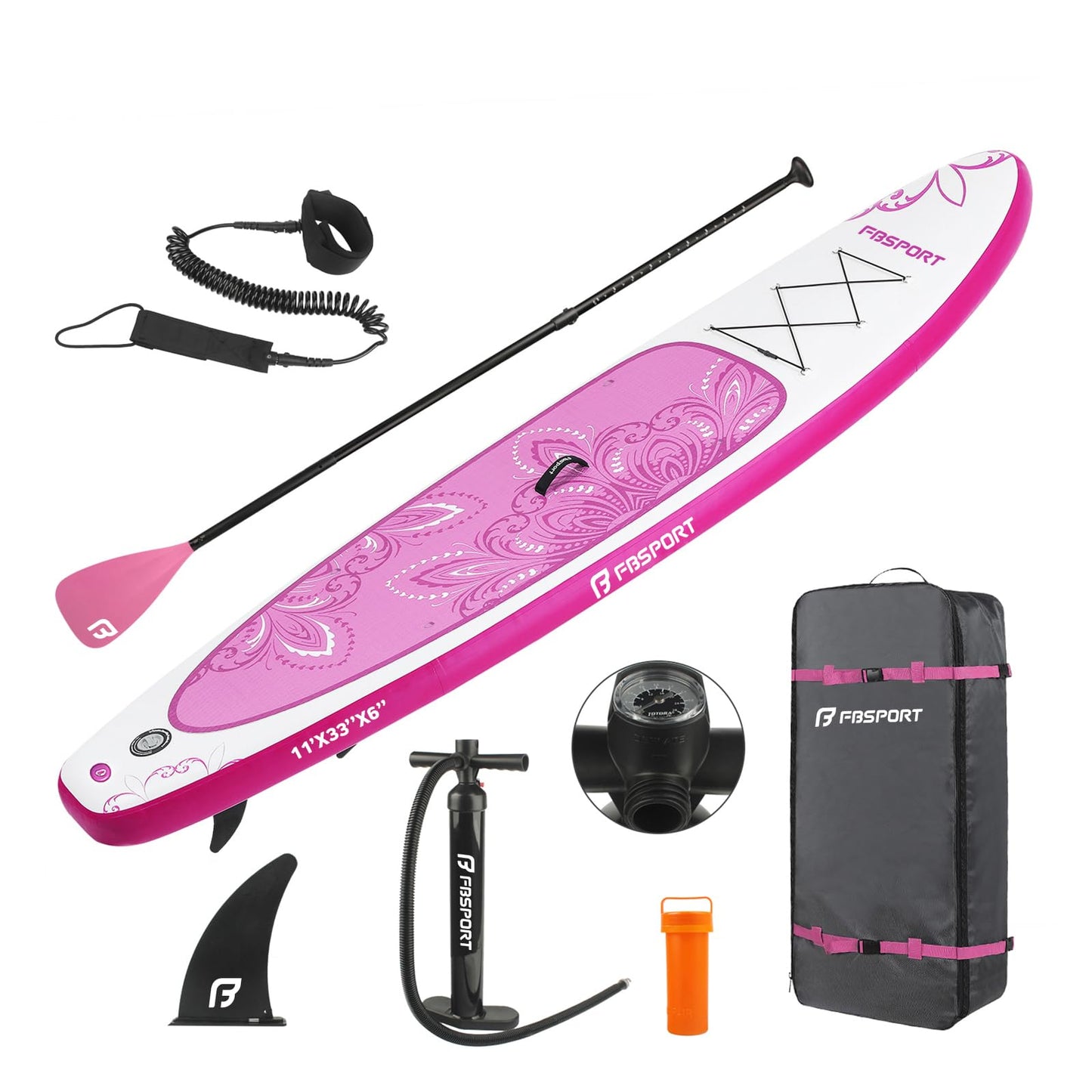 FBSPORT 11' Premium Stand Up Paddle Board, Yoga Board with SUP Accessories & Carry Bag | Wide Stance, Surf Control, Non-Slip Deck, Leash, Paddle and Pump for Youth & Adult (PurpleWhite)