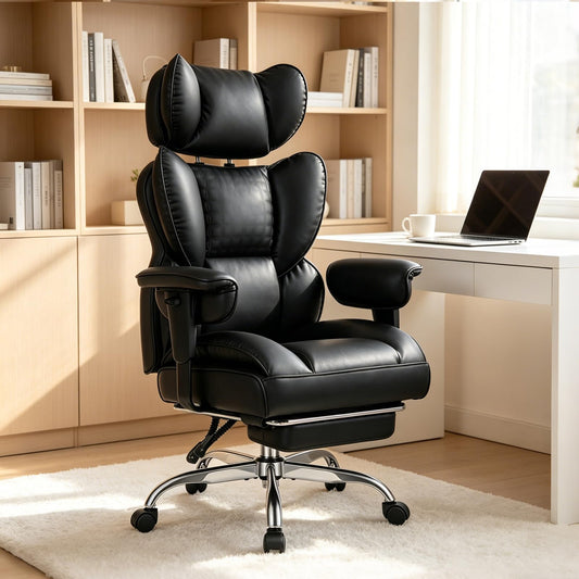 Big and Tall Office Chair 350 LBS, Scratch-Resistant PU Leather Executive Office Desk Chair with Footrest, Ergonomic Reclining Computer Chair with Pocket Spring Support for Home Office, Black