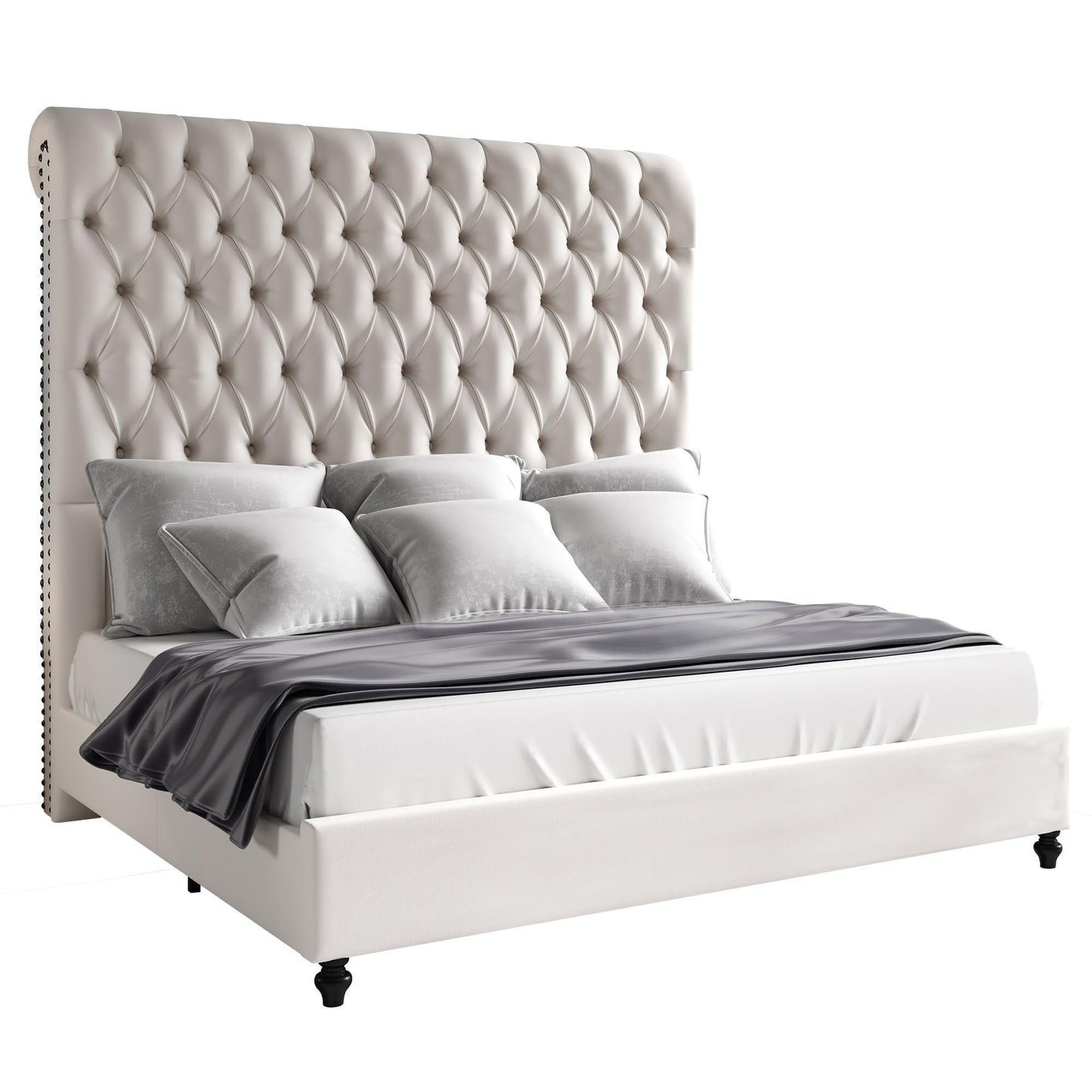 Jocisland Queen Size Bed Frame with 59" Tall Upholstered Headboard, Luxury Velvet Bed with Handcrafted Deep-Tufted Design and Solid Wood Legs, Noise-Free Platform, No Box Spring Needed, Cream
