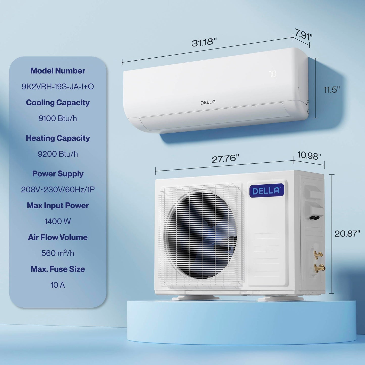 DELLA Motto Series 9100 BTU 19 SEER2 230V Mini Split AC, Cools Up to 400 Sq.Ft, Works with Alexa and Wifi, Ductless Inverter System Air Conditioner, Pre-Charged Heat Pump and 16.4ft Kits