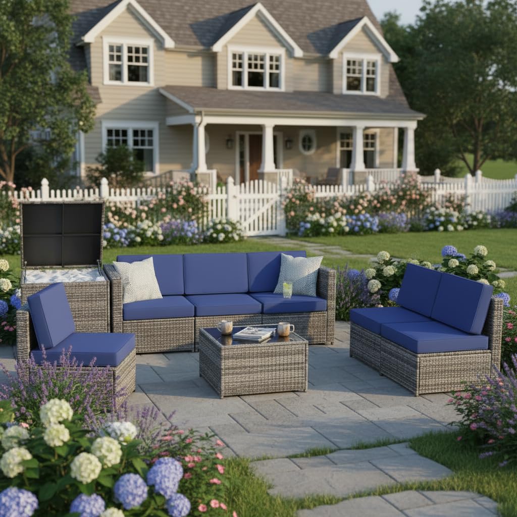 Tangkula 8 Pieces Wicker Patio Furniture Set with Storage Deck Box, PE Rattan Outdoor Sectional Sofa Conversation Set with Coffee Table & Cushions, Outside Furniture for Garden Yard Poolside (Navy)