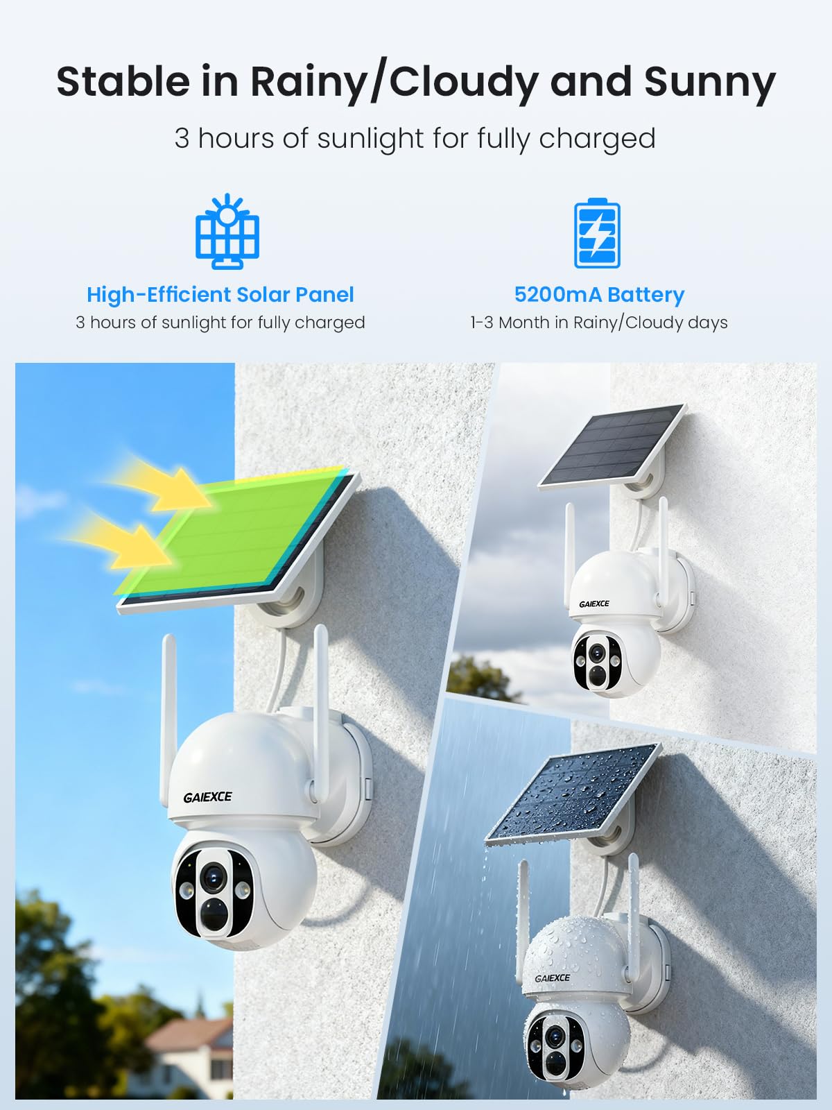 GAIEXCE Solar Cameras Outdoor Wireless, No Subscription, Expandable to 10CH, 4 Cam Kit, Home Security Camera System, 4MP Color Night Vision, 360° Pan&Tilt, Auto Tracking, 2.4G/5G WiFi, 64G SD Card