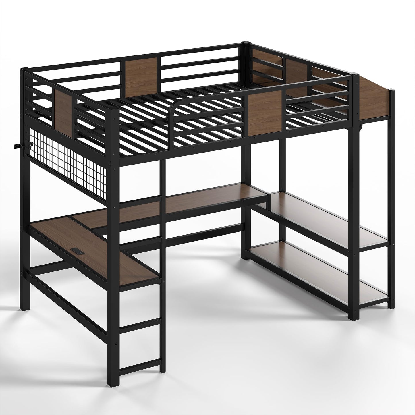 Bellemave Full Size Loft Bed with Desk and USB Ports, Clothes Hanging Rod, LED, Metal Full Loft Bed Frame for Adults, Kids, Teens, Black