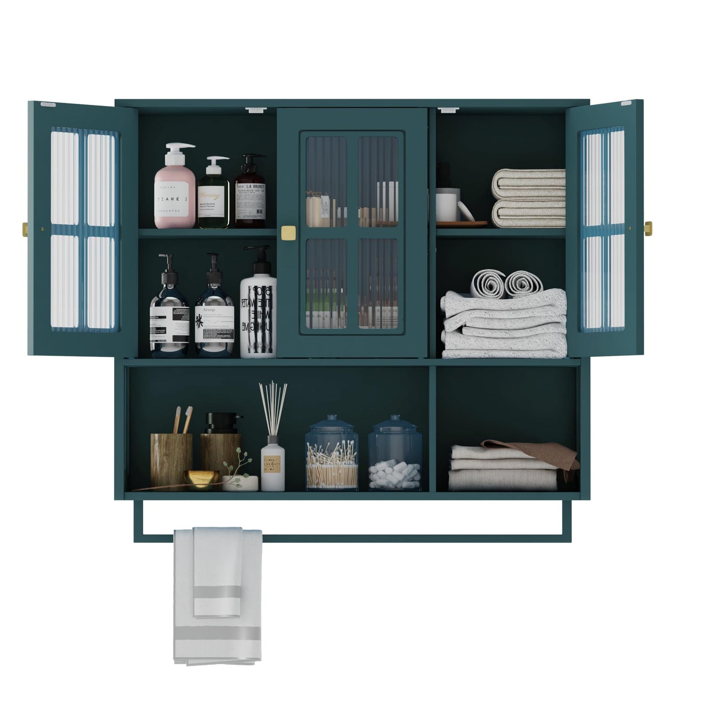 GDFStudio 34.65" Modern Wall Mounted Bathroom Cabinet with Glass Doors, Medicine Cabinet Organizer with Hidden Storage, Open Shelf & Towel Bar, Storage Cabinet for Bathroom Living Room, Dark Green