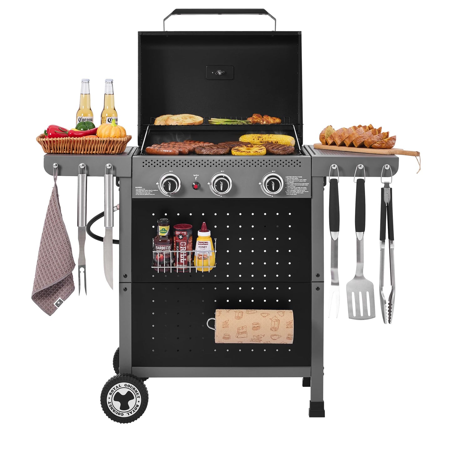 Royal Gourmet GL3001 3-Burner Gas Grill with Pegboard, 420 Sq. In. Cooking Area, 19,500 BTU, Foldable Side Shelves with Hooks, Two Large Wheels, Ideal for Backyard and Patio, Black & Cool Gray