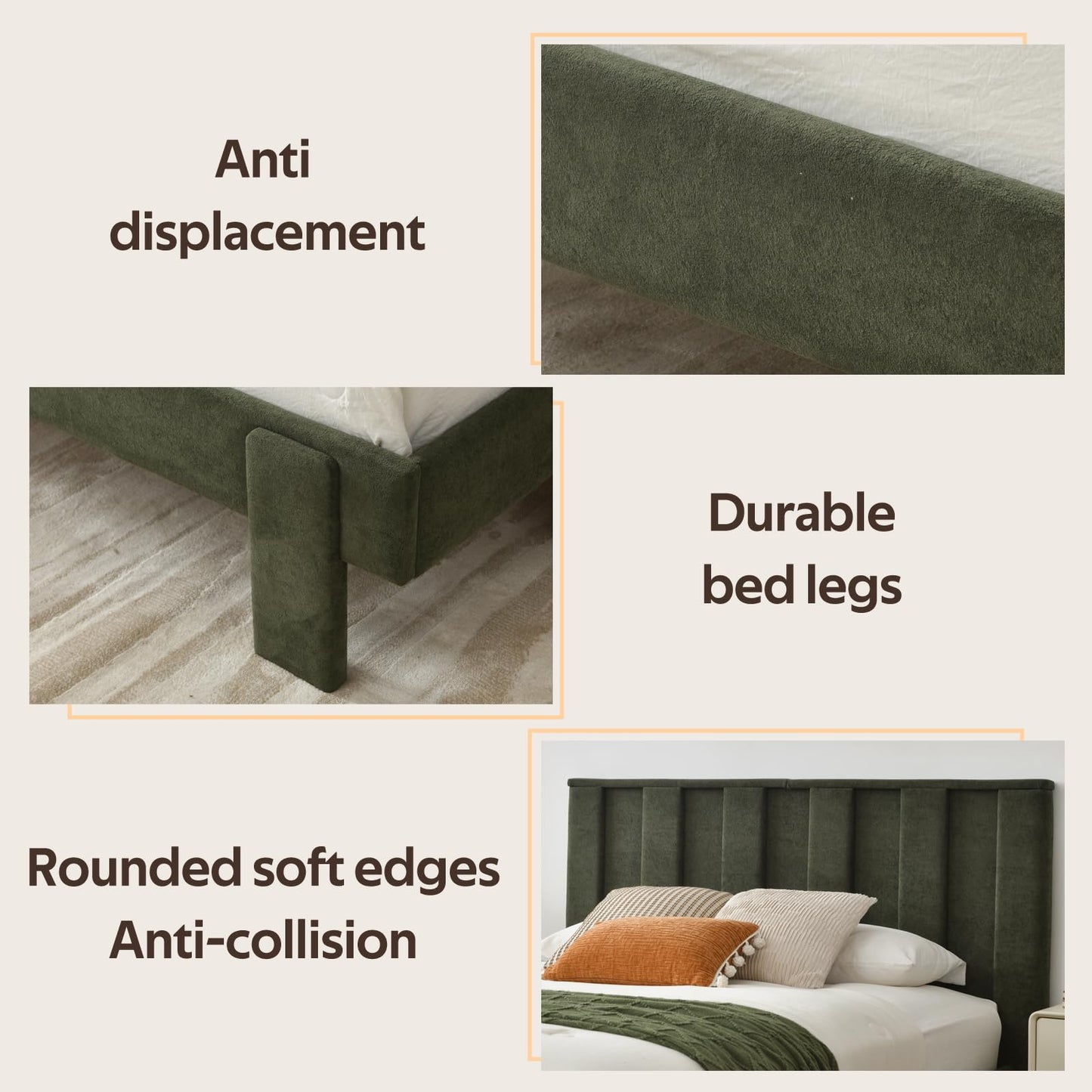 PINJU Sturdy Upholstered Platform Bed Frame with Vertical Channel Tufted Headboard, No Box Spring Needed, Easy Assembly, Noise-Free Bed Frame for Bedroom (Green, Full)