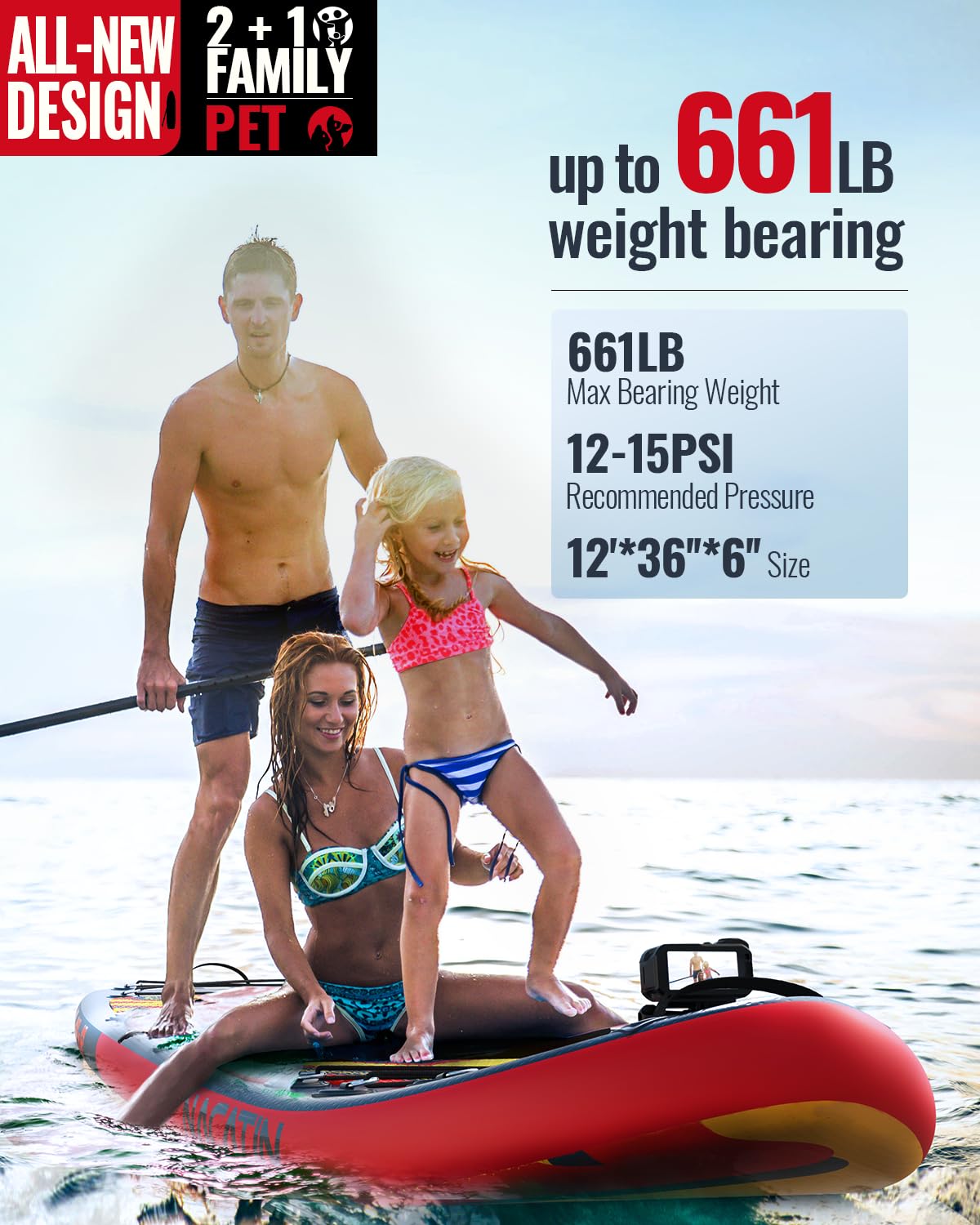 NACATIN 12' Extra Large Inflatable Stand Up Paddle Board with Seat, Wide 36" SUP Board for Adults & Family, with Single/Double Paddle, Kayak Seat, Pump, Stable Wide Deck for Beginners, Lake and River