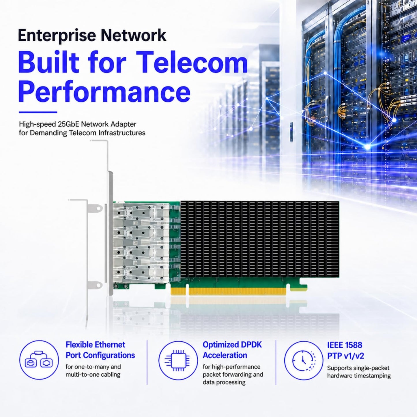 GLOTRENDS ST7342 4-Port 25Gb SFP28 Network Card with Intel E810-CAM1 Controller, RDMA iWARP & RoCEv2, Full Storage & Virtualization Offload for AI Cloud HPC Telecom Data Center