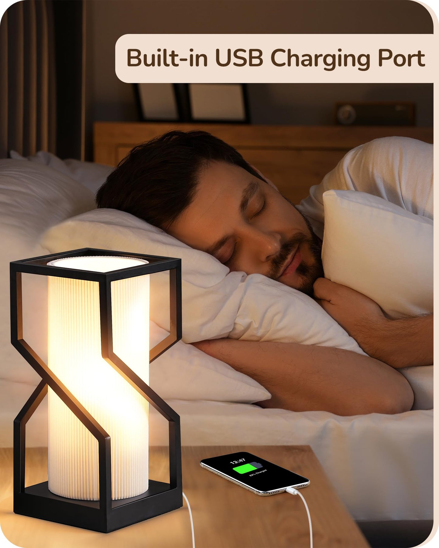 EDISHINE Modern Table Lamp with Touch Control, USB Port, 9W Dimmable Bulb, White Pleated Shade