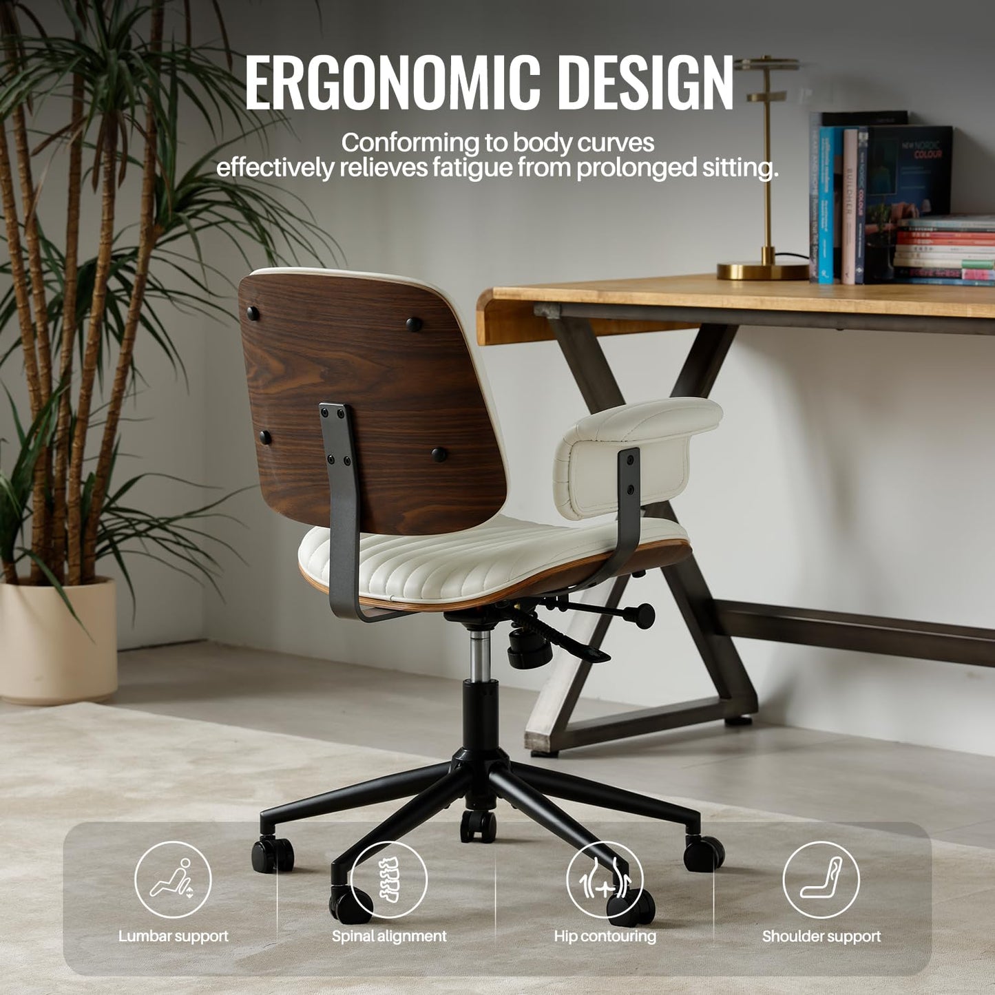 Leather Home Office Chair, Mid-Century Modern Executive Desk Chair with Padded Armrests, 360° Swivel Ergonomic Task Chair,Adjustable Height (PU Leather-Beige)
