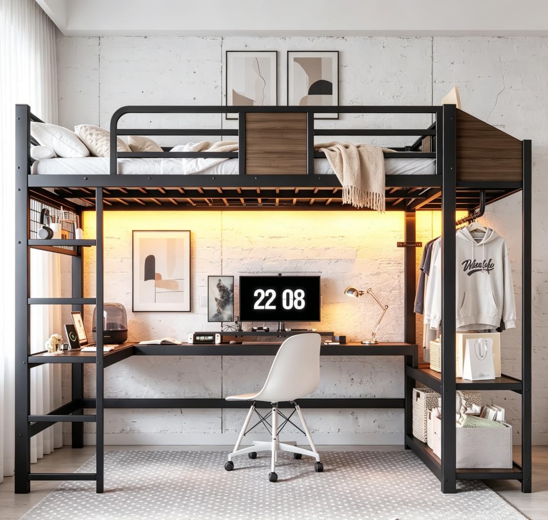 Bellemave Full Size Loft Bed with Desk and USB Ports, Clothes Hanging Rod, LED, Metal Full Loft Bed Frame for Adults, Kids, Teens, Black