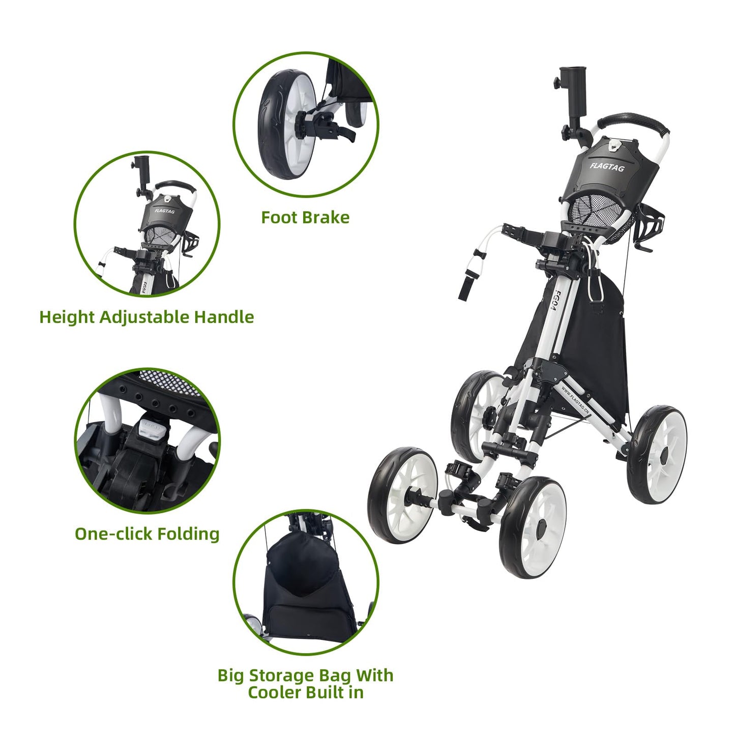 FLAGTAG Golf Push Cart 4-Wheels,Folding Golf Cart, Golf Pull cart with Cup Holder,Umbrella Holder,Cooler Bag, Foldable with one-Click,Handle Height Adjustable,Drink Holder,Walking Push cart