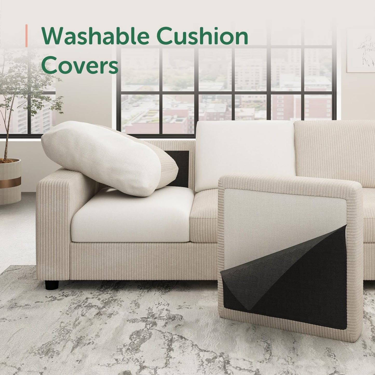 HONBAY Corduroy Sectional Sofa, 80 Inch 6 Seats L Shaped Couch with Ottoman for Living Room, Beige