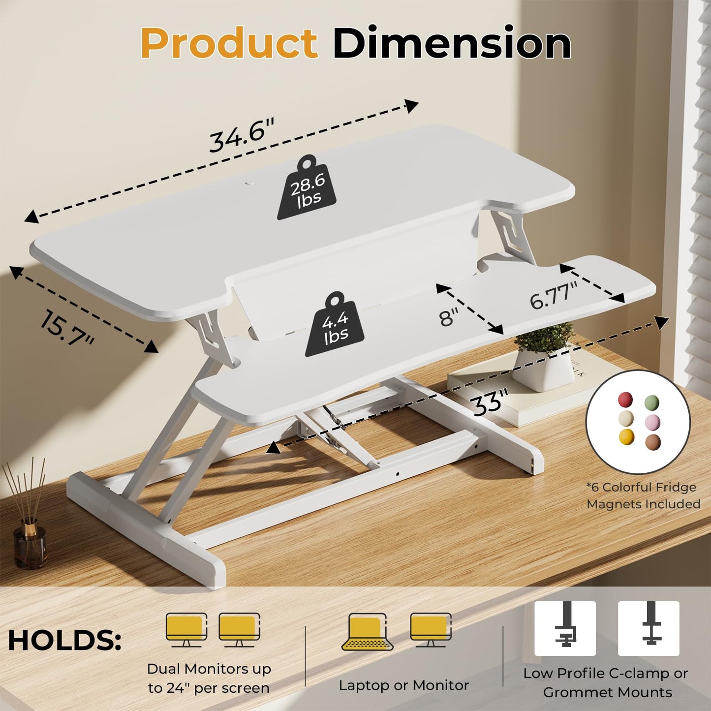 JOY worker Standing Desk Converter, 35" Height Adjustable Sit Stand Up Desk Riser with Keyboard Tray & 6 Fridge Magnets, Desktop Workstation Riser for Home Office Computer Laptop, White