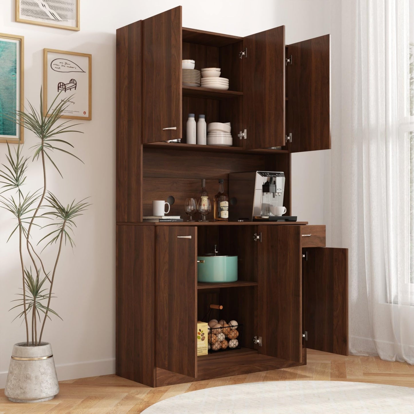 KEIKI 70.87" Tall Kitchen Pantry Storage Cabinet with Countertop, 6-Doors, 1 Drawers, Microwave Stand and Shelves, Freestanding Wood Hutch Food Pantries Cupboard for Coffee Bar, Dining Room