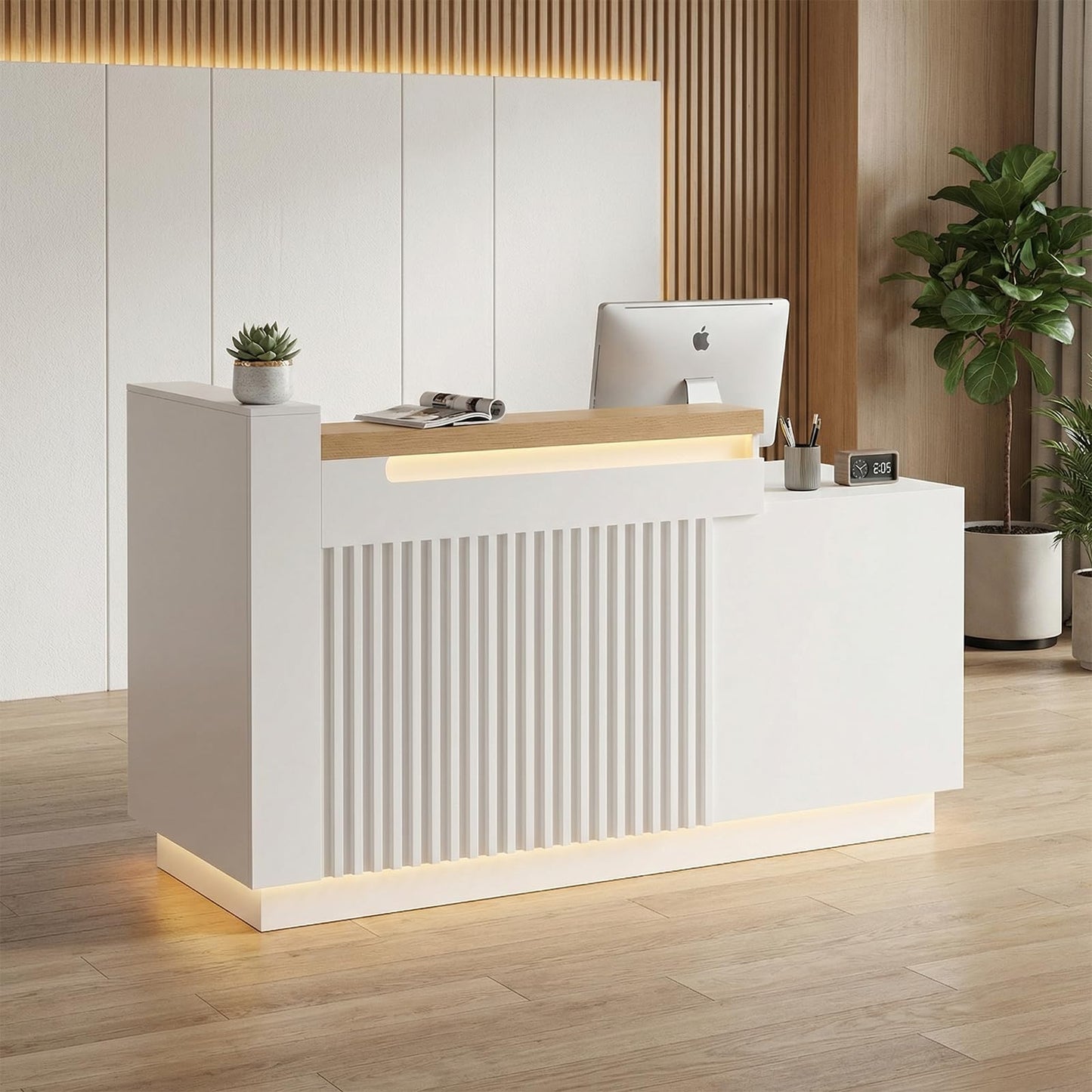 63" L-Shaped Reception Desk with LED Lights and Slatted Grille, Modern Front Desk with Built-in Outlets for Salon, Retail Store,Office,White Checkout Counter with Dimmable Switch,Reception Counter