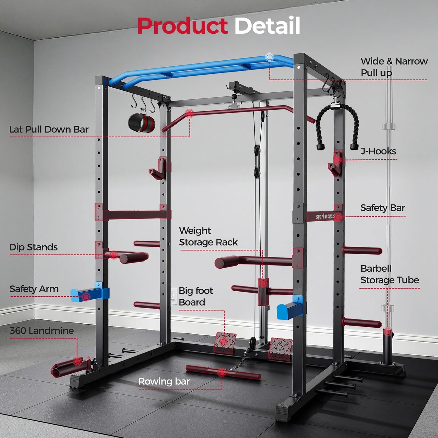 Sportsroyals Squat Rack, LAT Power Cage, Power Rack Multi-Function with Pulley System and Training Attachments for Home Gym