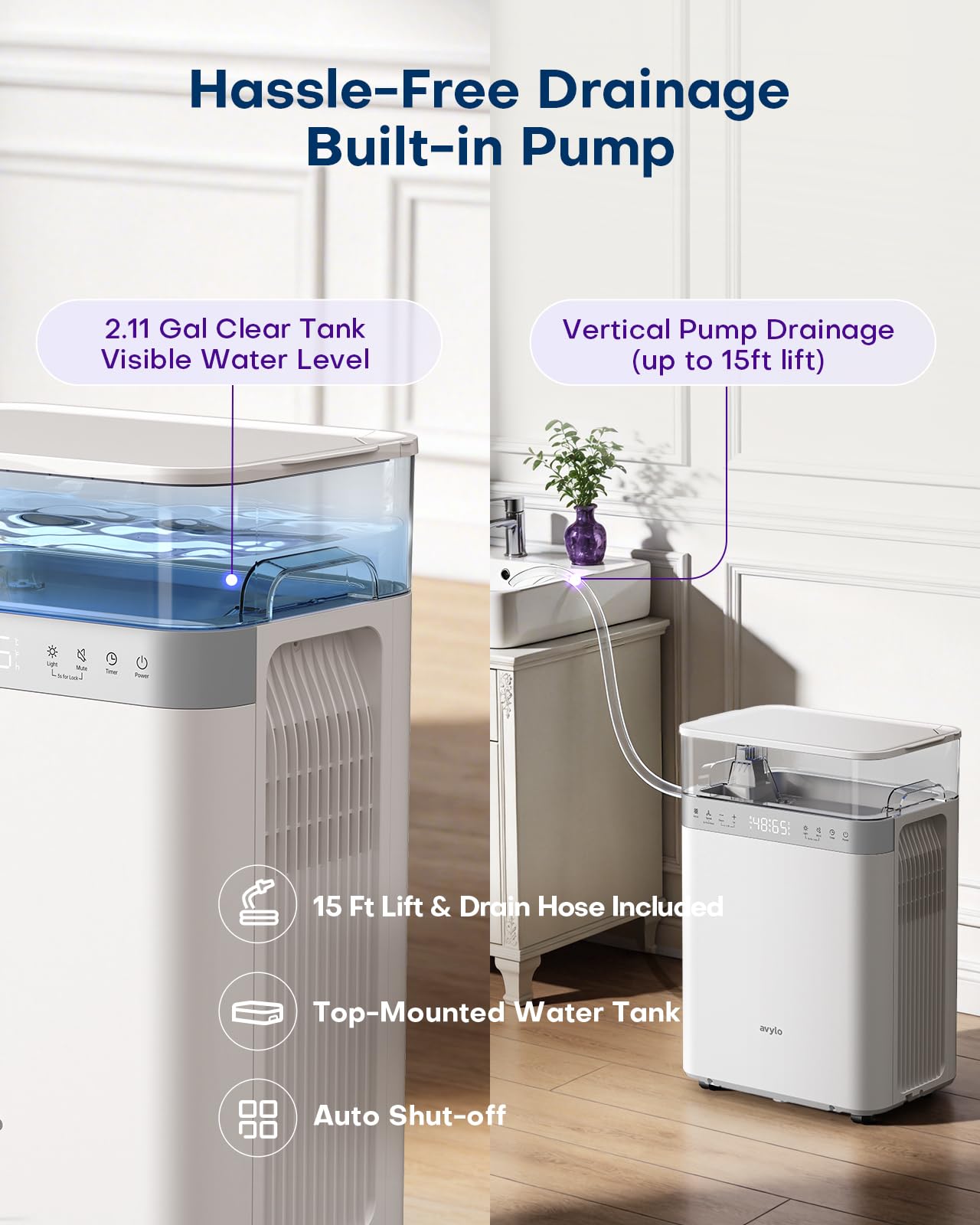 avylo Dehumidifier for Basement with Pump and Drain Hose, 90 Pint/D, White, 2.11 Gallon Top-Mounted Water Tank, 5000 Sq.Ft Dehumidifiers for Home with 41dB, Auto Defrost