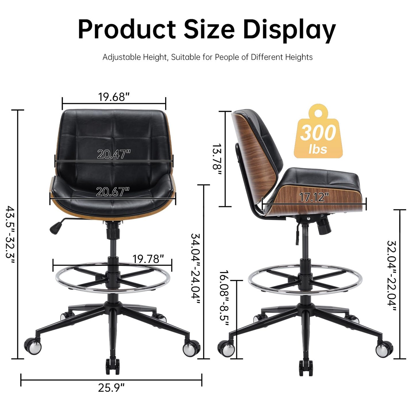 Drafting Office Chair Ergonomic Executive Computer Standing Desk Chair with Adjustable Height and Footrest Ring, Drafting Chair for Counter Height Desk and Drawing (Black)