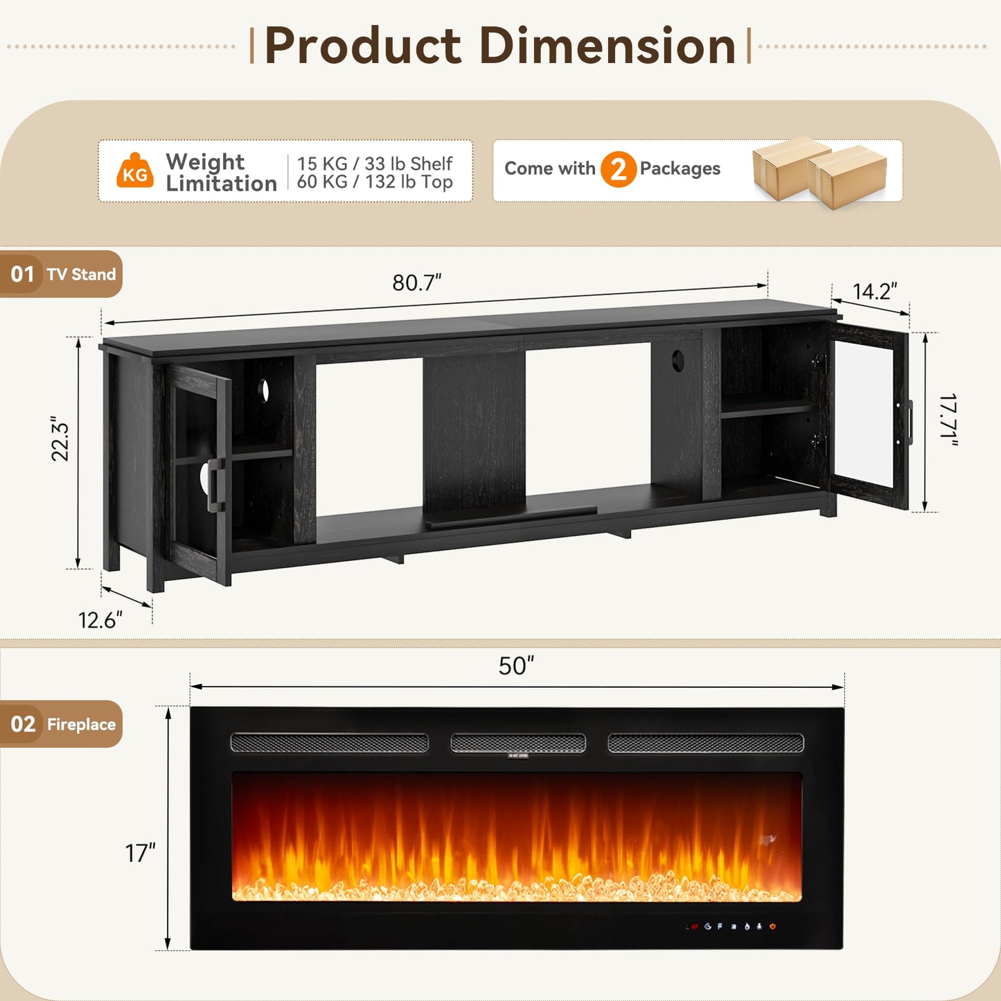 OneBlis 80" Fireplace TV Stand, Modern 50" Smart Fireplace Fire Place TV Console, Adjustable Entertainment Center with 12-Color LED Lights, for Living Room, Black