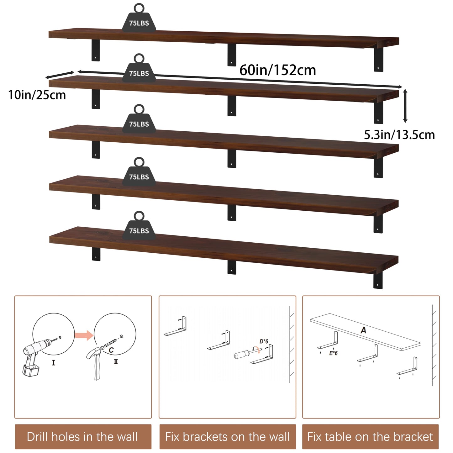 ONOTETUT 10x60 inch Farmhouse Walnut Floating Book Shelf,5-Pack Bookshelves Long Wall Shelf,Solid Wood Large Bookcase for Living Room, Kitchen (Walnut, 60 Inch)